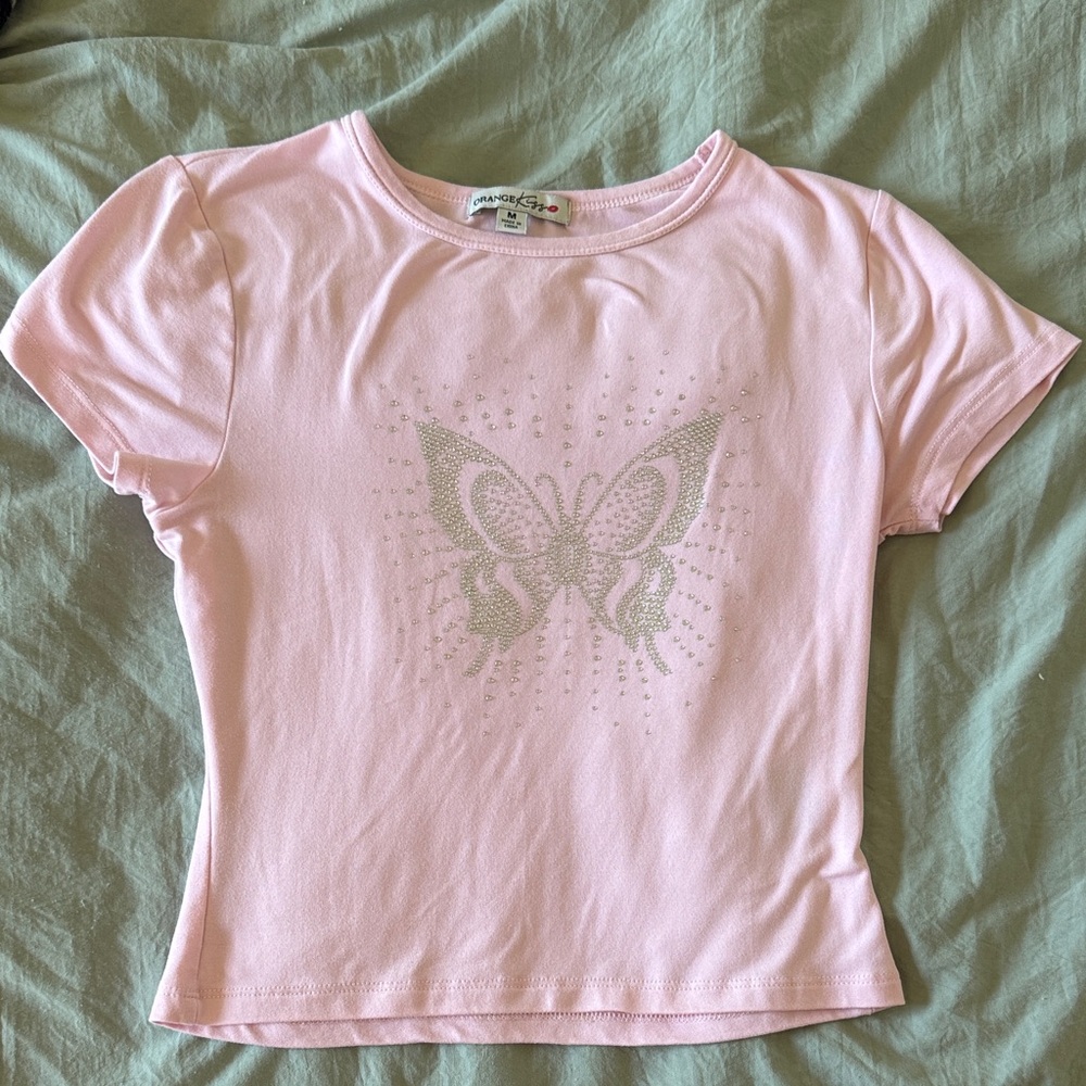 Pink Butterfly Rhinestoned Baby Tee